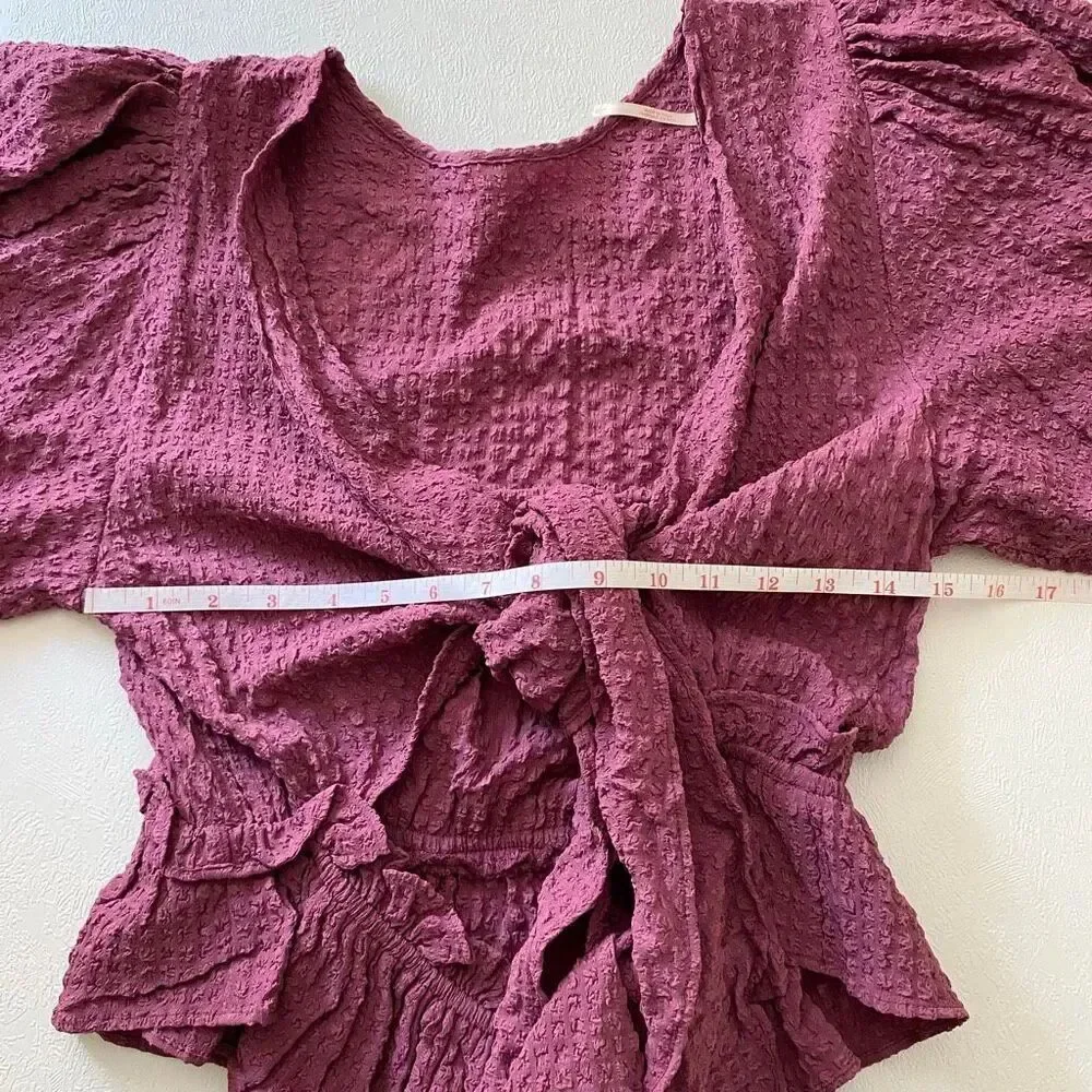 Free People Purple Textured Wrap Peplum Top L Puff Sleeve Boho Tie Front